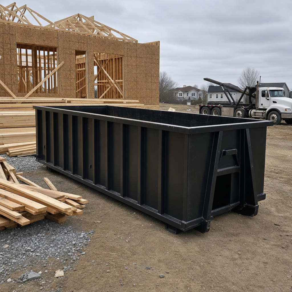 Matte-black 40-yard roll-off dumpster staged on a framed-out residential construction site in Lubbock, framing lumber stacked nearby, hooklift delivery truck visible in the background under bright Colorado daylight