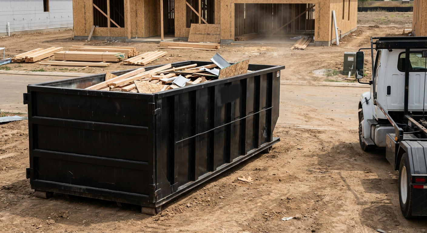 Matte-black 20-yard roll-off construction dumpster with heavy ribbed steel sidewalls and swing rear doors at a working jobsite in Lubbock, sitting directly on compacted dirt with an unmarked white hauler partially visible at the far edge of the frame.