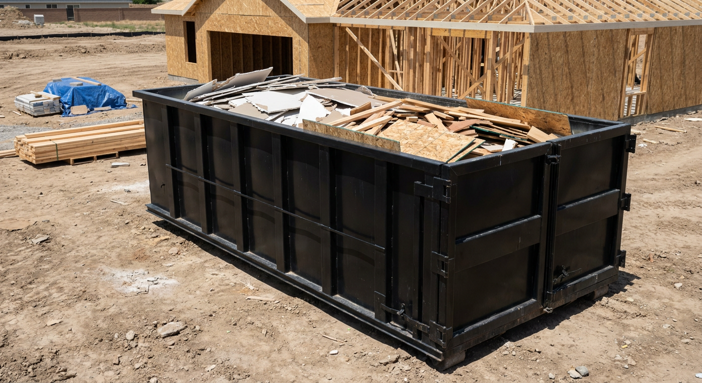 Matte-black 30-yard roll-off construction dumpster sitting directly on the compacted-dirt site of a framed single-family home build in Lubbock, drywall and lumber scrap loaded inside.