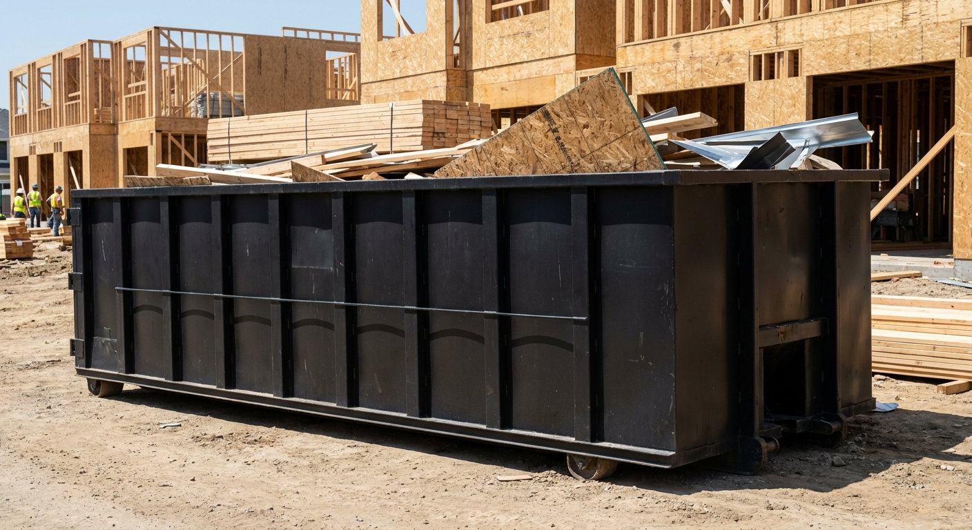 Matte-black 40-yard roll-off construction dumpster being lowered from a white-cab hooklift delivery truck onto the compacted-dirt jobsite at a commercial build site in Lubbock