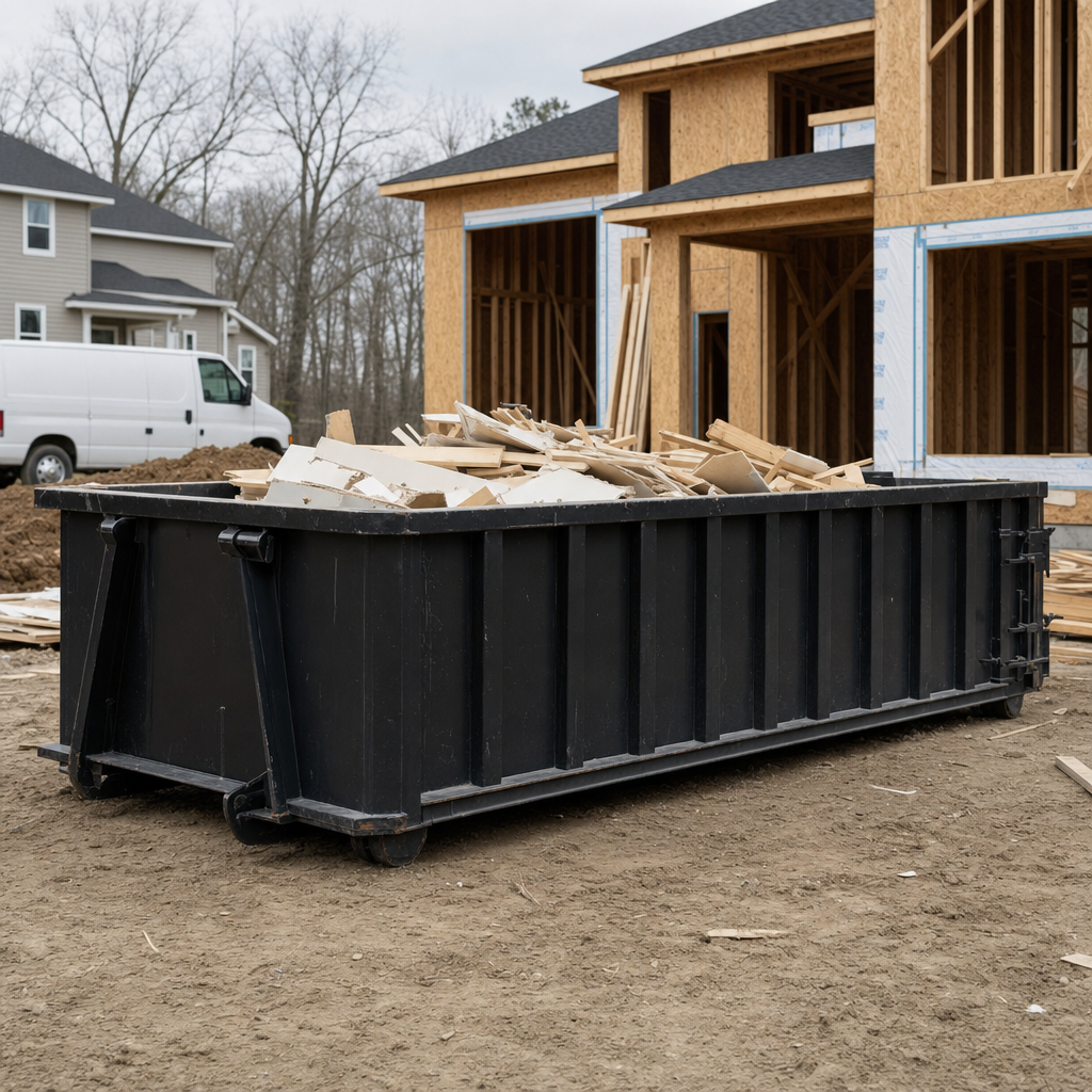 Worker in a yellow high-visibility vest tossing framing lumber and broken drywall into a matte-black 30-yard construction roll-off dumpster on an active build site in Lubbock, bright daylight