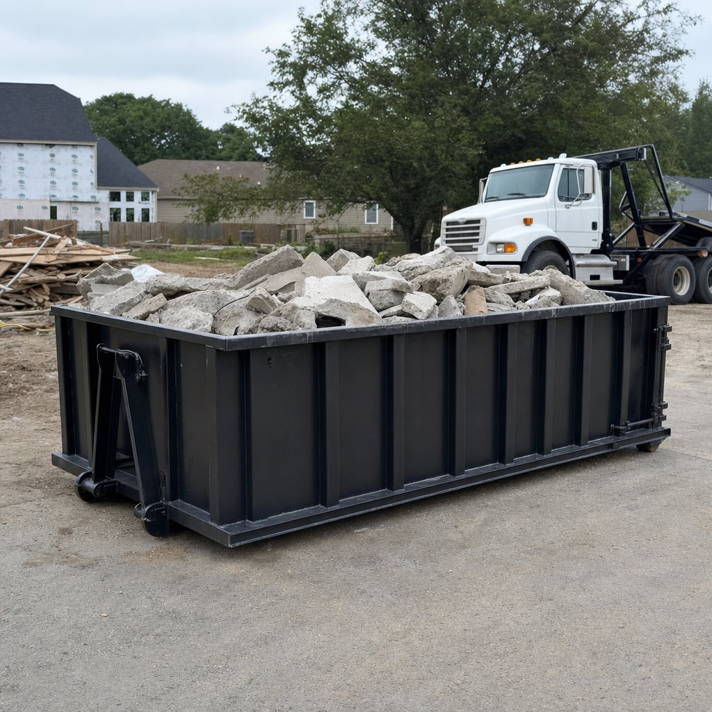 Low-profile matte-black lowboy roll-off dumpster loaded with broken concrete slab and rebar at a foundation tear-out in Lubbock, skid steer parked beside it, sunny Colorado morning