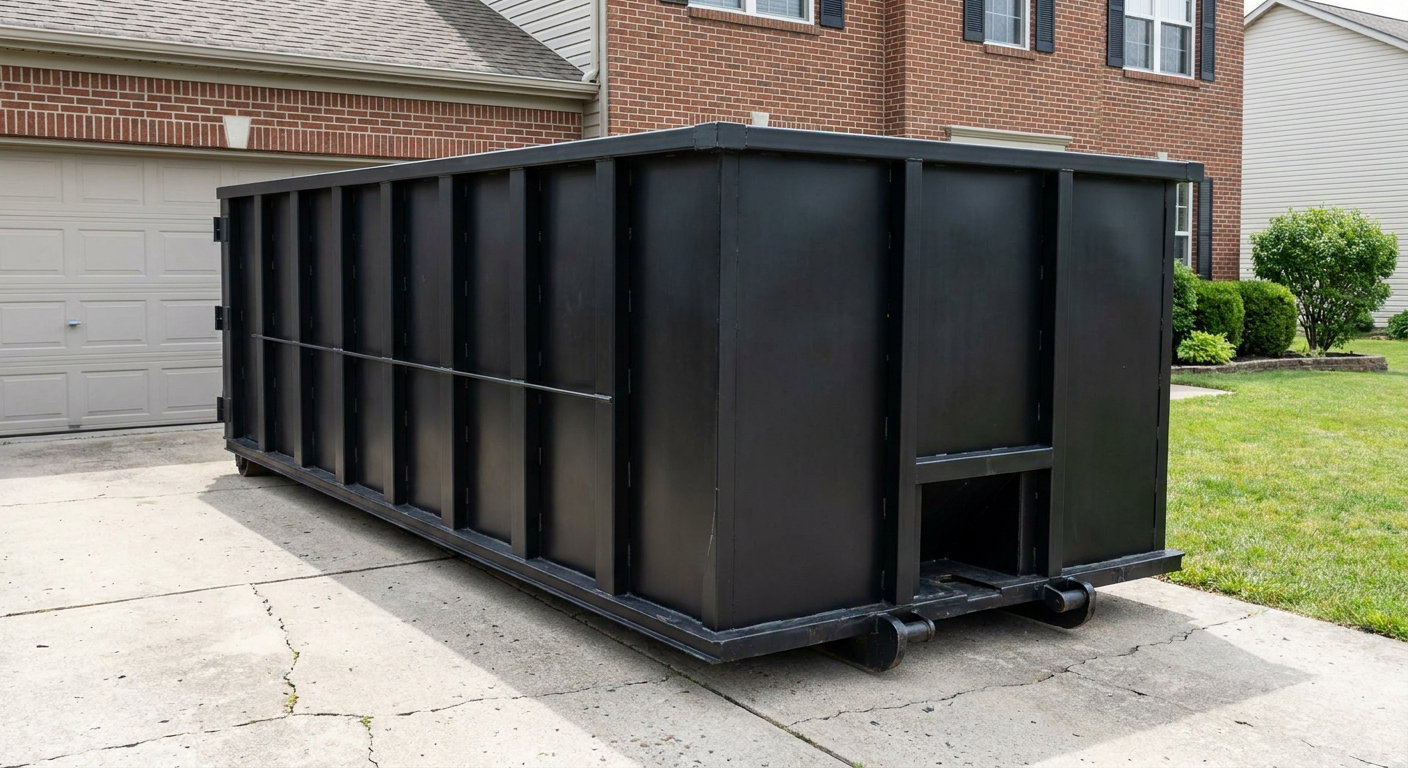 Matte-black 20-yard roll-off container on a Lubbock residential concrete driveway with reinforced ribbed steel sidewalls and a hinged rear walk-in door, clean bright daylight.