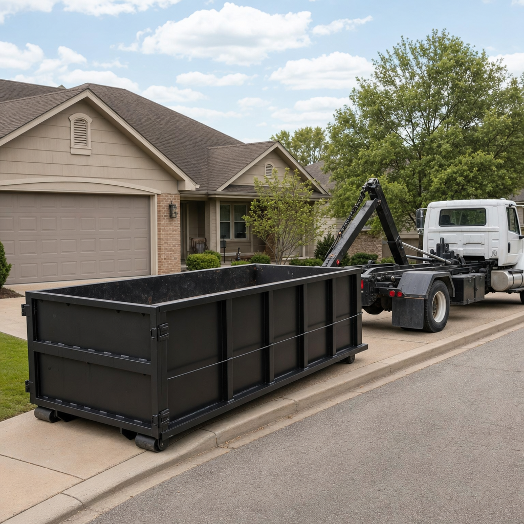 Wide documentary shot of a matte-black roll-off dumpster on a Lubbock residential driveway in the foreground and a contractor jobsite container in the soft-focus background, bright daylight, calm and orderly composition.