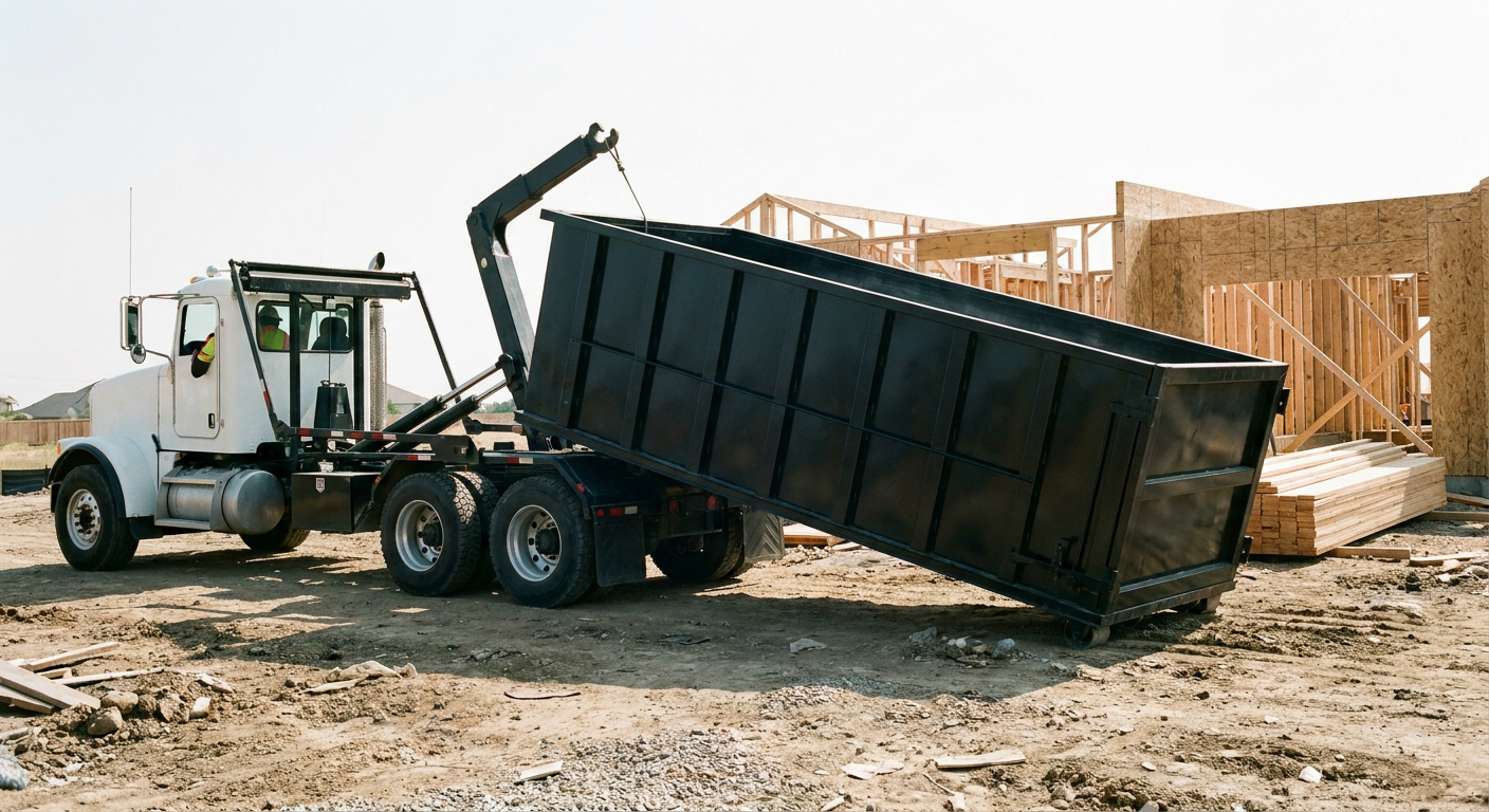 Matte-black roll-off dumpster being delivered onto a clean residential concrete driveway in Lubbock by an unmarked white hooklift hauler truck, bright morning daylight, documentary 35mm perspective.