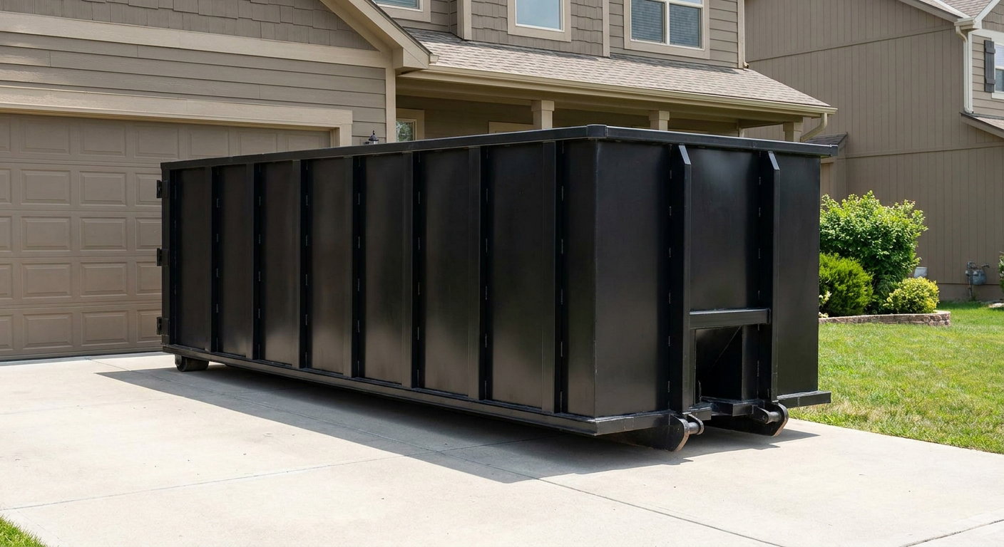 Matte-black residential roll-off dumpster sitting directly on a suburban Lubbock concrete driveway, garage door closed, single-family home in background, bright morning daylight.