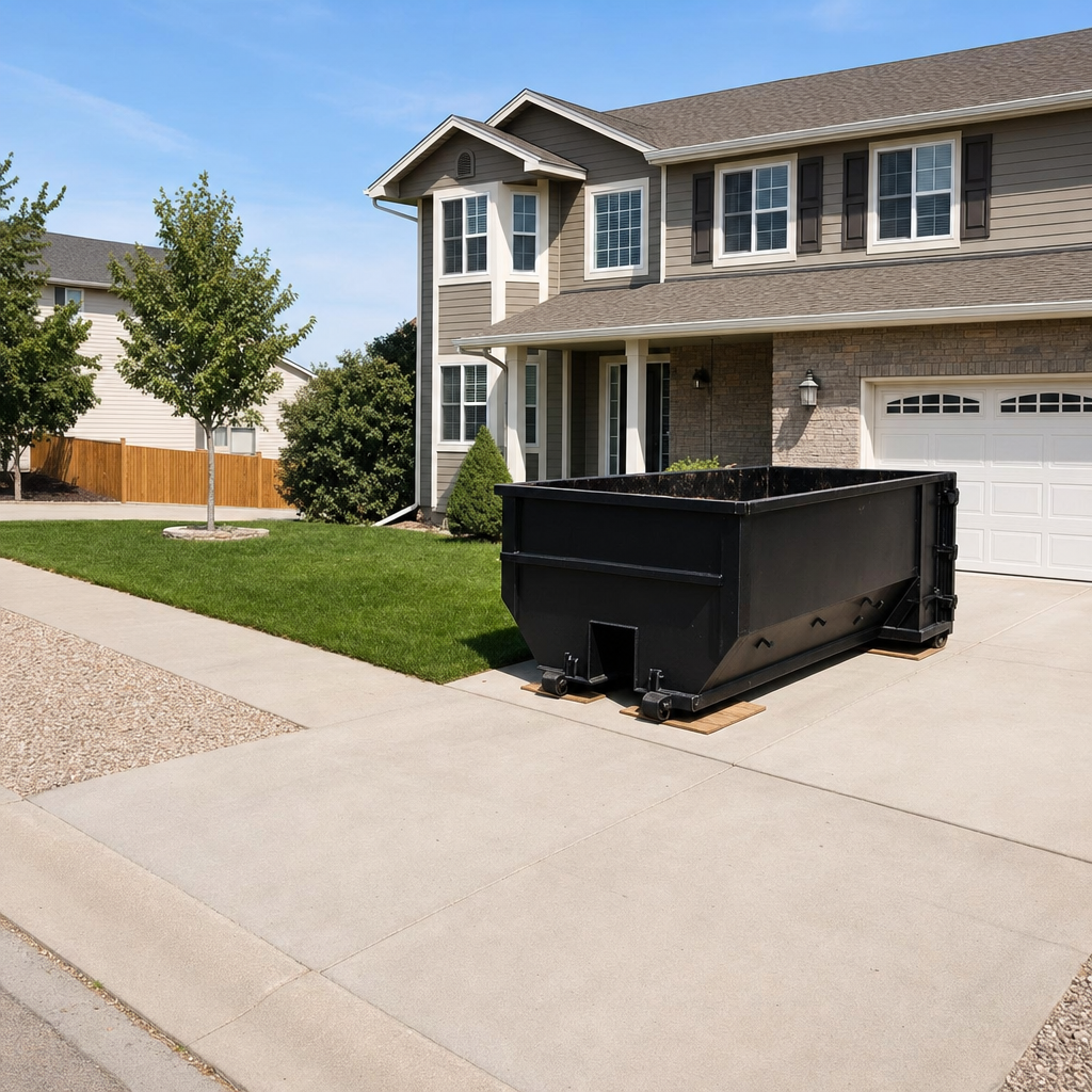 10-yard matte-black residential dumpster placed directly on a narrow Lubbock concrete driveway, room remains for a parked sedan beside it, mid-morning natural light