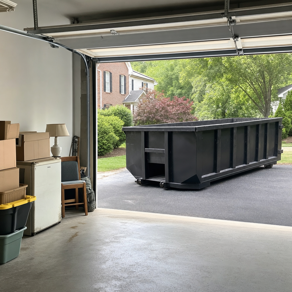 Open garage interior in a Lubbock home mid-cleanout — boxed items, an old appliance, and stacked yard tools queued near the driveway for a matte-black roll-off dumpster, organized and calm