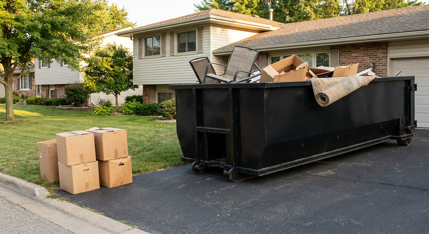 Front-yard view of a Lubbock split-level home with a 20-yard matte-black roll-off dumpster sitting directly on the asphalt driveway, a few clearly labeled donation boxes staged at the curb, calm sunny afternoon.