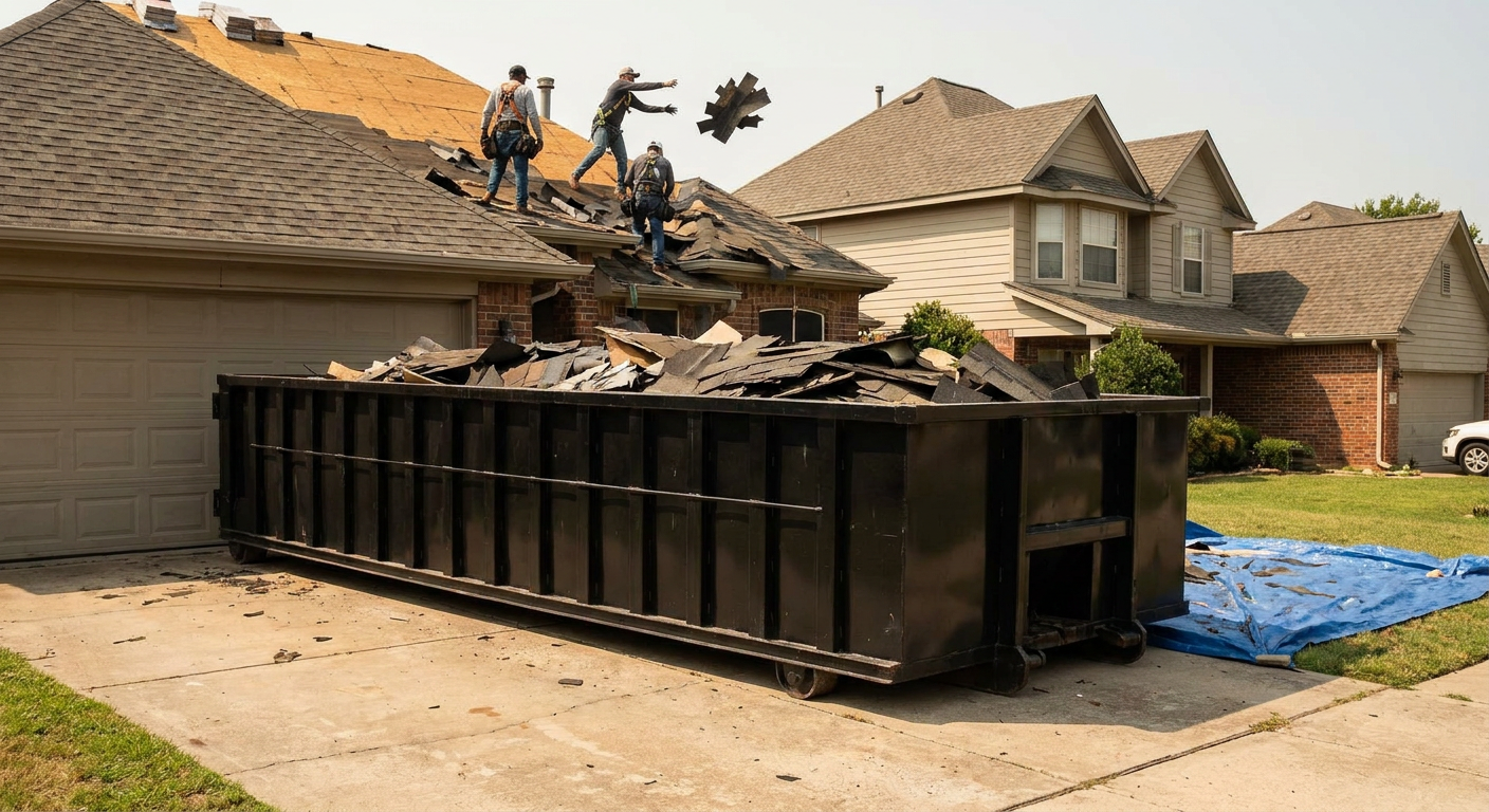 Matte-black roofing roll-off dumpster placed directly on a Lubbock residential concrete driveway, a tear-off crew on a two-story asphalt-shingle roof tossing shingle bundles into the low-walled container, bright daylight, documentary 35mm perspective.
