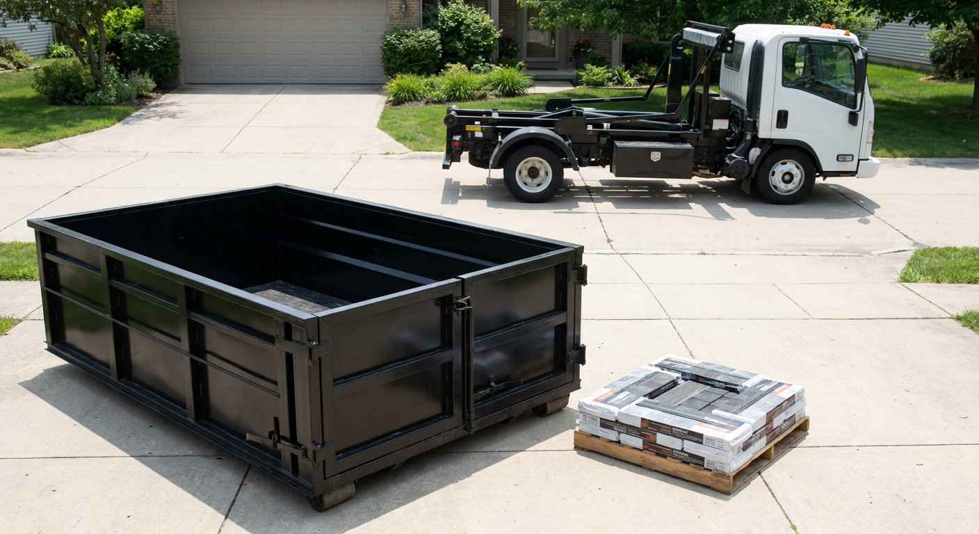 Matte-black 15-yard roofing roll-off dumpster with reinforced low side walls sitting directly on a Lubbock residential concrete driveway, three-tab asphalt shingle bundles stacked nearby, an unmarked white hauler truck partially visible at the edge of the frame.