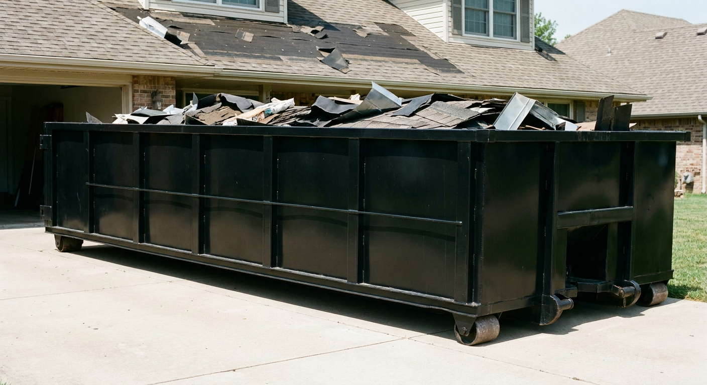 Matte-black 20-yard roofing roll-off dumpster with steel ribbed sides and swinging rear door, sitting directly on the concrete driveway of a two-story Lubbock home, asphalt shingle debris being loaded over the low wall, clean documentary lighting.