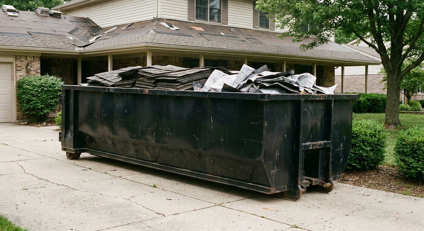 Matte-black 30-yard roofing roll-off dumpster sitting directly on a Lubbock concrete driveway, taller ribbed steel side panels, mixed tear-off debris of asphalt shingles and underlayment inside, professional documentary daylight.