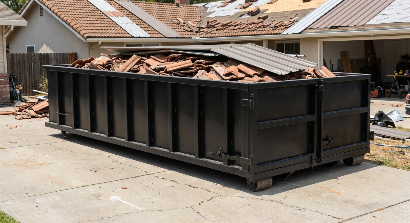 Matte-black low-wall heavy-debris roofing roll-off dumpster sitting directly on a Lubbock concrete driveway, broken concrete clay roof tiles and metal panel sections loaded inside, reinforced ribbed steel side walls visible, bright outdoor daylight.