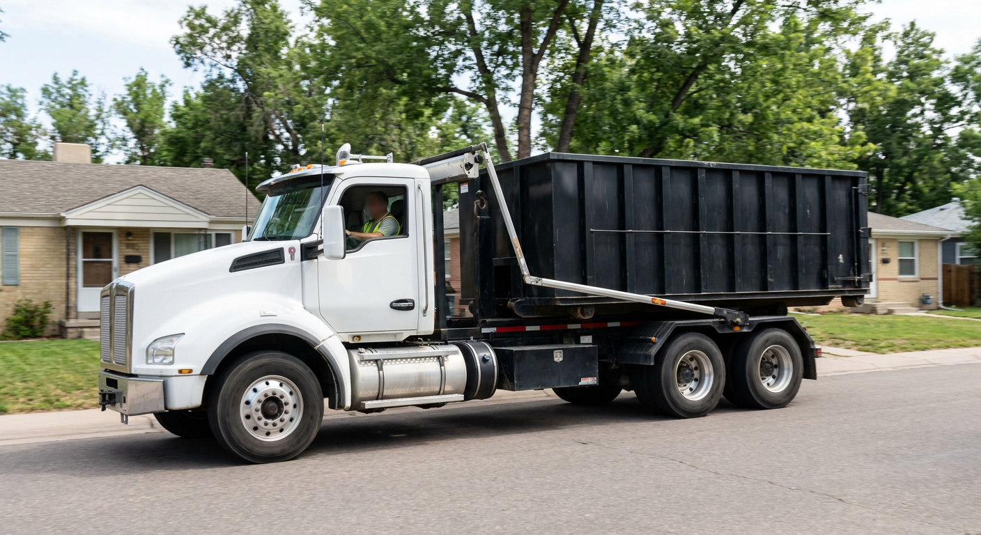 A wide documentary shot of a matte-black roll-off delivery truck pulling onto a quiet Lubbock residential street at mid-morning, with neighborhood rooftops and tree-lined blocks visible behind, showing the metro coverage footprint.
