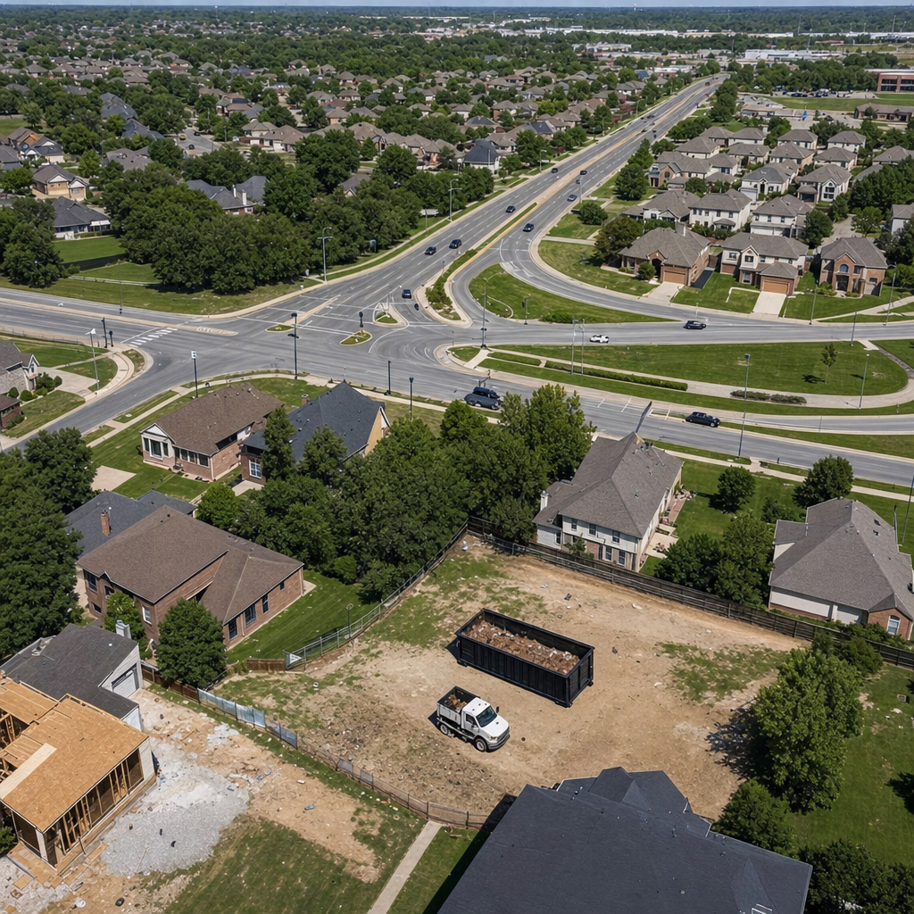 An overhead documentary view of the Lubbock metro area at midday, showing the spread of neighborhoods, arterial roads, and the dispatch radius from a central yard — clean daylight, organized geographic layout.
