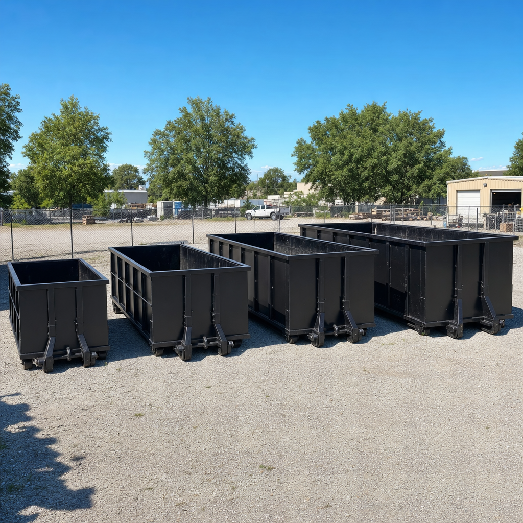 A clean lineup of matte-black roll-off dumpsters in 10, 20, 30, and 40-yard sizes staged on a sunlit gravel yard in Lubbock, showing the size progression from compact to commercial-scale containers.