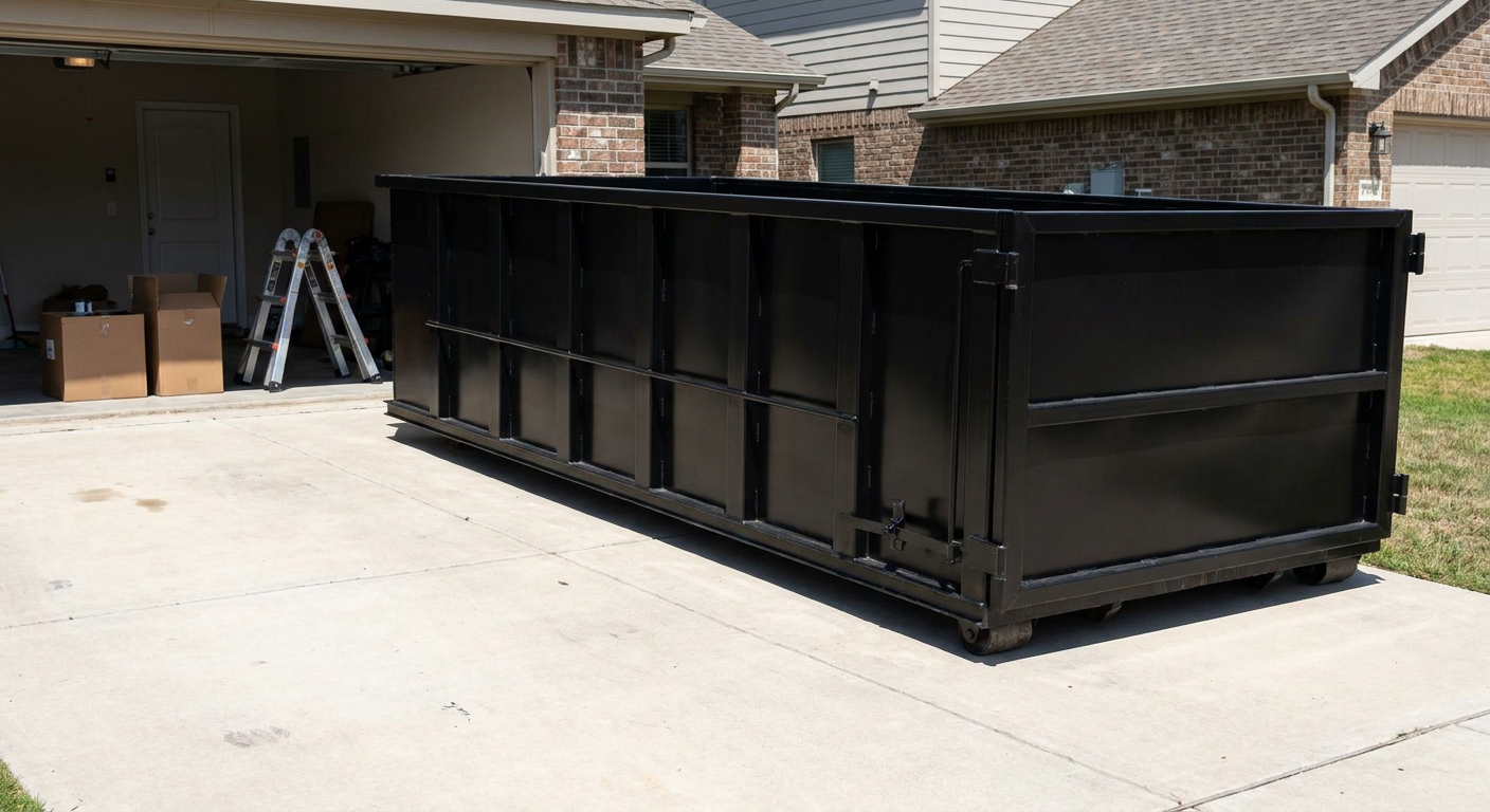 A matte-black 10-yard roll-off dumpster sitting directly on a residential Lubbock concrete driveway, mid-day sunlight, clean and ready for a garage cleanout.