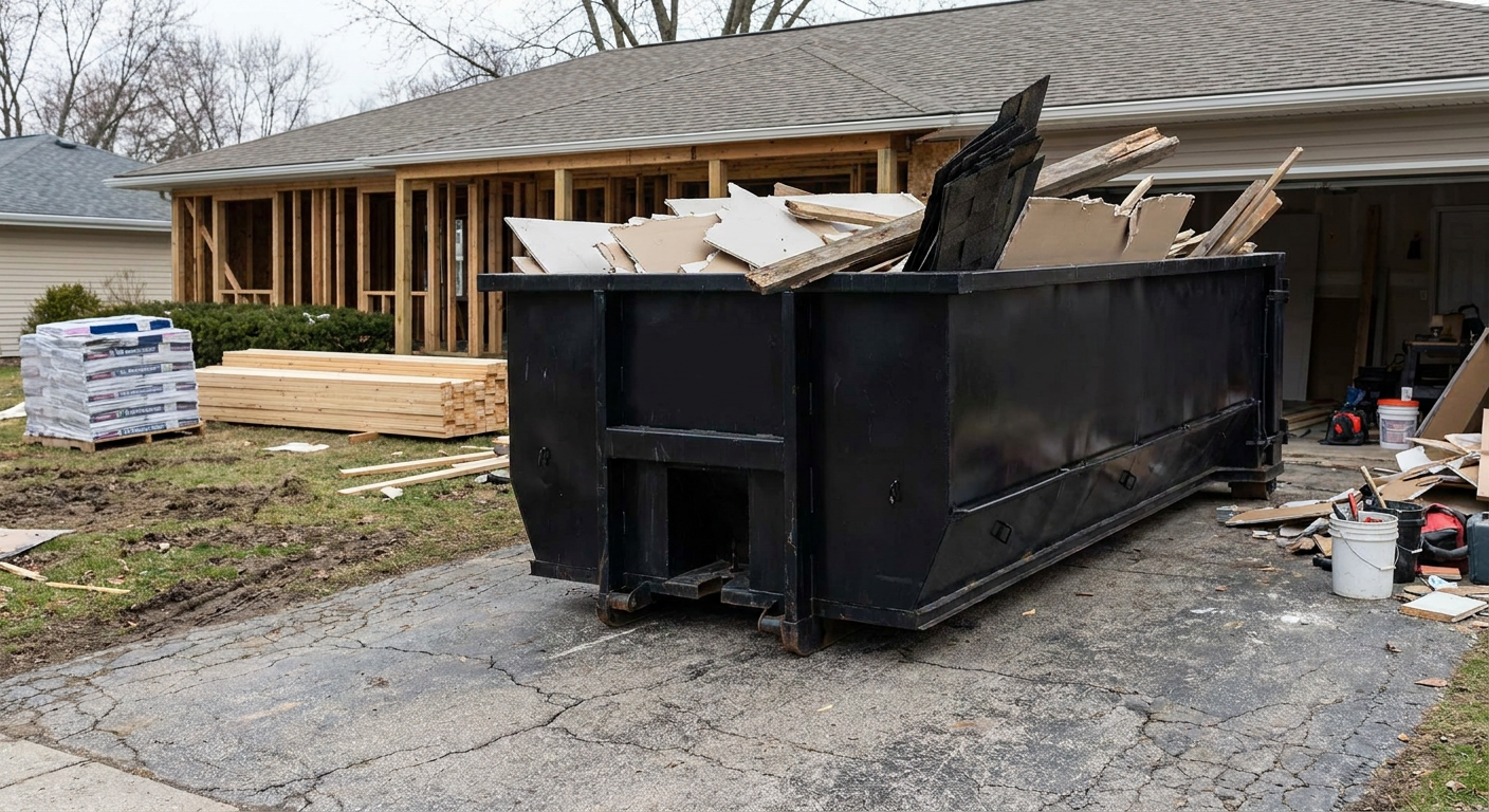 A matte-black 20-yard roll-off dumpster placed alongside a mid-renovation Lubbock home directly on the asphalt driveway, with framing materials and torn-off shingles staged neatly nearby.