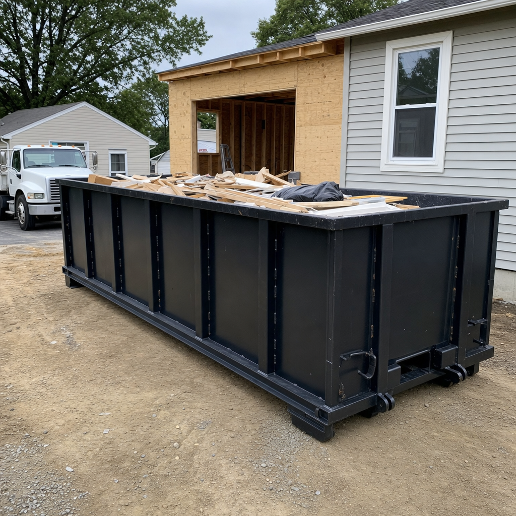 A matte-black 30-yard roll-off dumpster positioned at a Lubbock residential addition jobsite, with framing lumber and drywall scraps loaded through the open swinging rear doors.