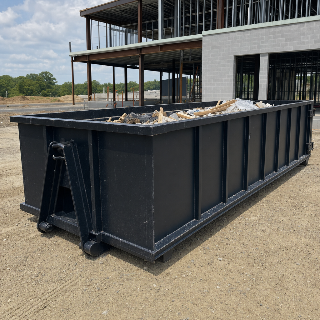 A matte-black 40-yard roll-off dumpster staged on a large Lubbock commercial construction lot, with a hooklift delivery truck parked alongside under bright midday sky.