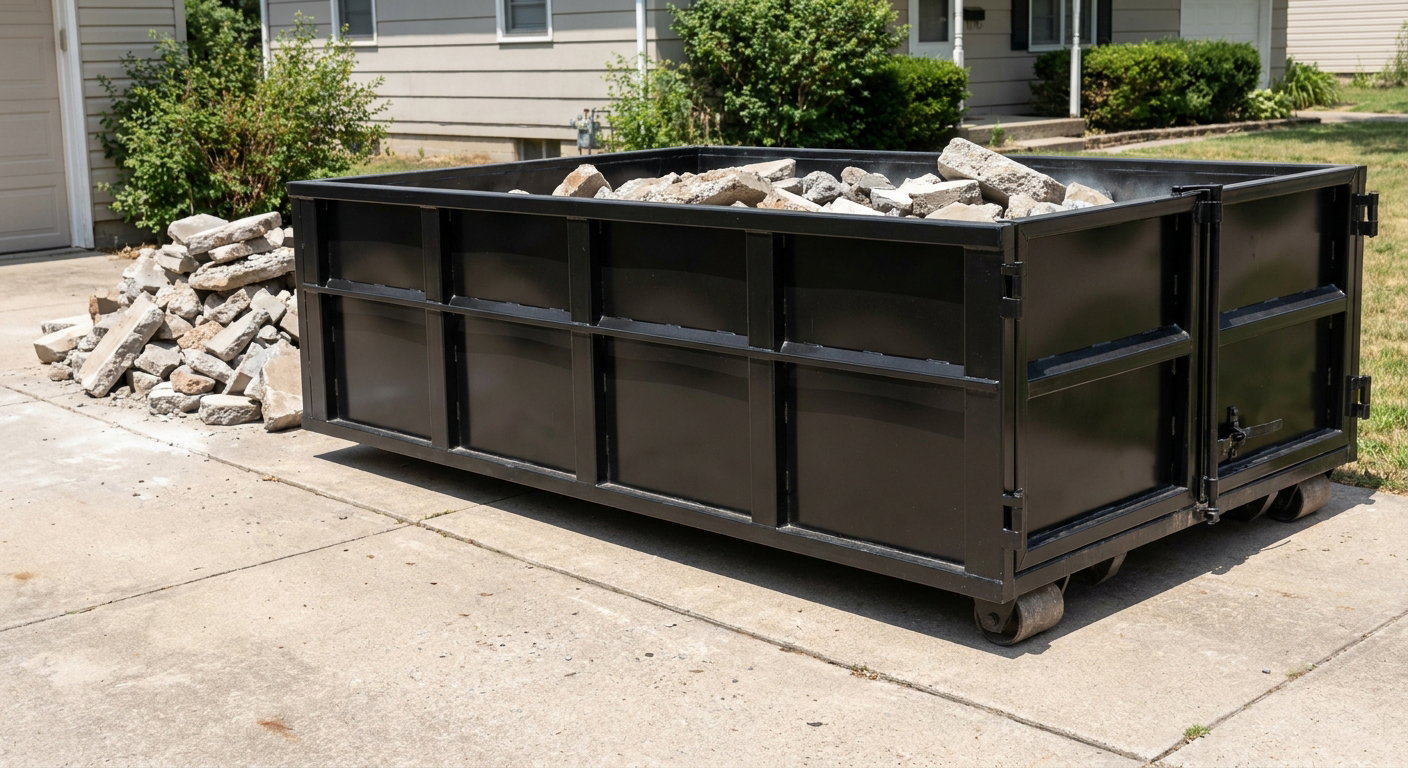 A matte-black low-side heavy-debris roll-off dumpster placed directly on a Lubbock concrete driveway, with broken concrete chunks neatly stacked beside it under clean daylight.